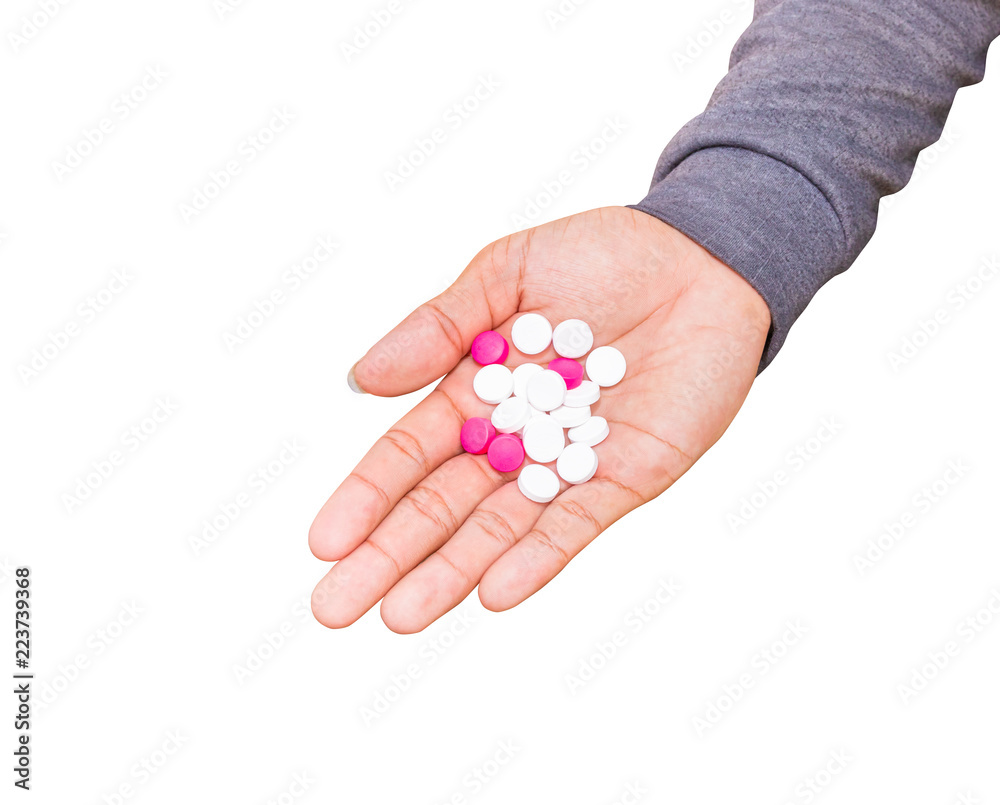 pills in hand male isolated on white background and clipping path. Stop drug use concept pills in hand male isolated on white background and clipping path. Stop drug use concept
