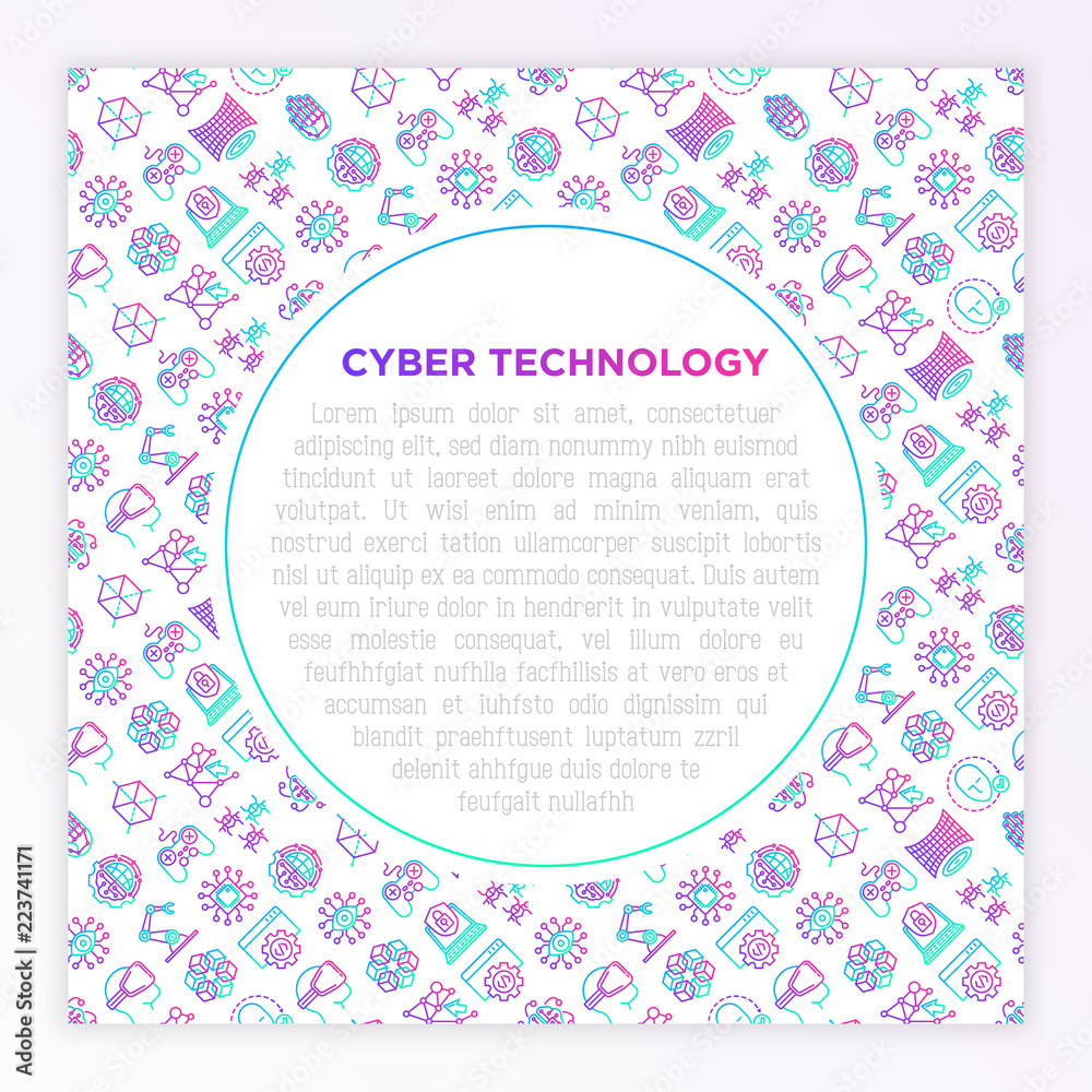 Cyber technology concept with thin line icons: ai, virtual reality glasses, bionics, robotics, global network, computer game, microprocessor, nano robots. Vector illustration, web page template. Cyber technology concept with thin line icons: ai, virtual reality glasses, bionics, robotics, global network, computer game, microprocessor, nano robots. Vector illustration, web page template.