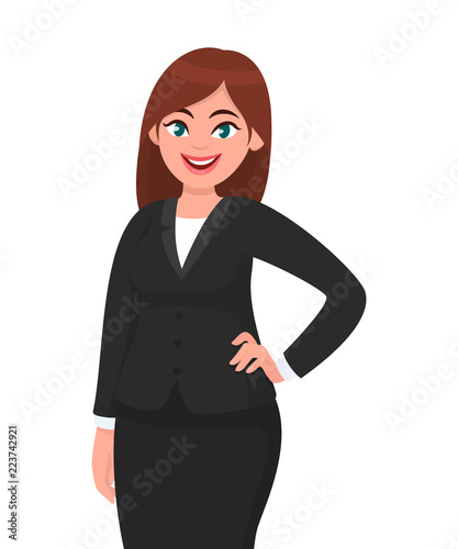Beautiful smiling business woman in formal suit, standing while holding hand on hip isolated against white background. Businesswoman concept illustration in vector cartoon style.