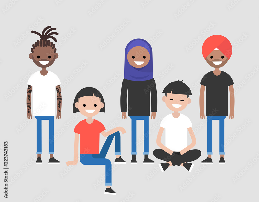 Diversity. A group of young adults. Different nationalities. International Culture. Team. Flat editable vector illustration, clip art
