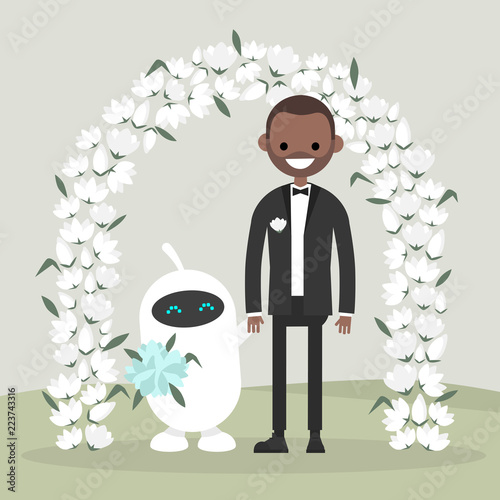 A Couple of newly weds standing behind the floral arch. Utopian concept. Bride and groom. Futuristic family. New technologies. Artificial intelligence. Human and robot. Garden ceremony.