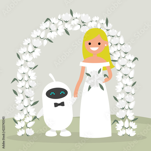 A Couple of newly weds standing behind the floral arch. Utopian concept. Bride and groom. Futuristic family. New technologies. Artificial intelligence. Human and robot. Garden ceremony.