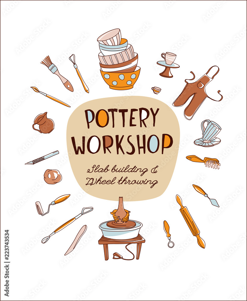 Obraz premium Clay Pottery Workshop Studio invitation. Artisanal Creative Craft logo concept. Handmade traditional pottery making, hand drawn vector illustration doodle style