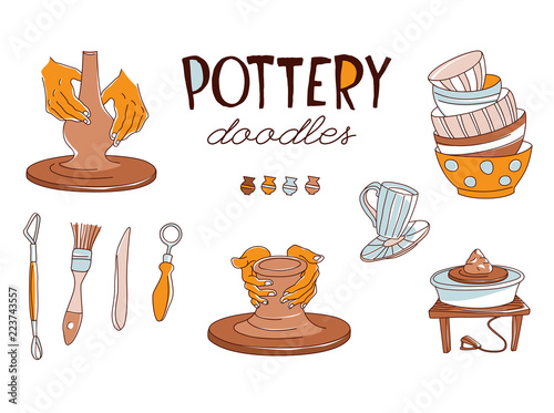 Clay Pottery Workshop Studio icons set. Artisanal Creative Craft concept. Handmade traditional pottery making, hand drawn vector illustration doodle style