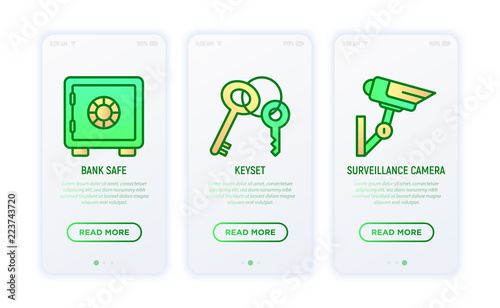 Security and protection thin line icons set: bank safe, surveillance camera, keyset. Vector illustration.