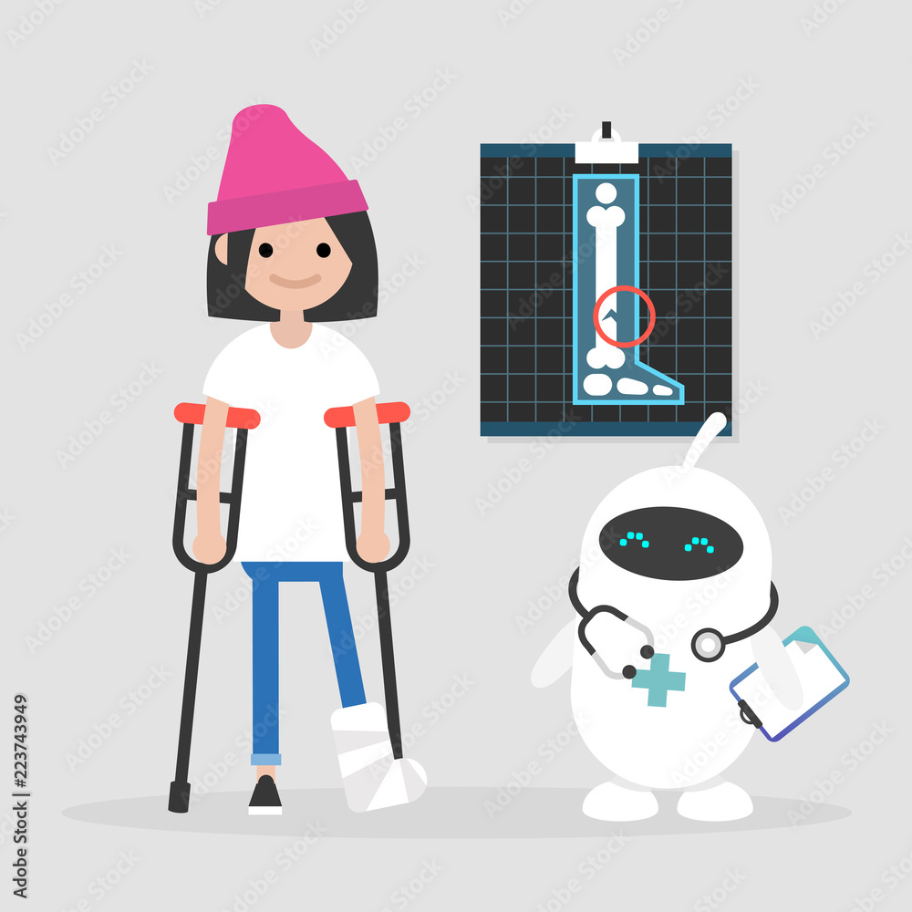 New technologies. Modern health care. Cute white doctor robot. Disabled character on crutches with broken leg / editable vector illustration, vector clip art