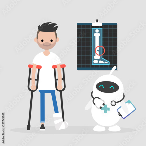 New technologies. Modern health care. Cute white doctor robot. Disabled character on crutches with broken leg / editable vector illustration, vector clip art