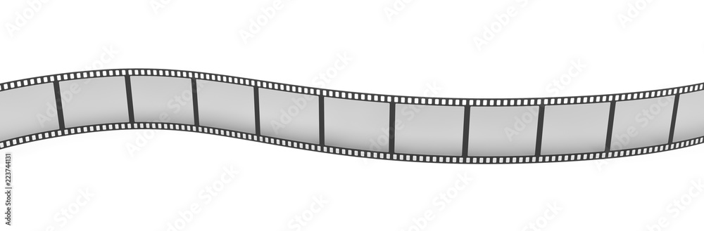 3d rendering of a single film strip arranged in turns and bends on white background.