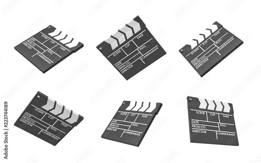 3d rendering of six black movie clapperboards with empty lines for the title and the creators of a movie.