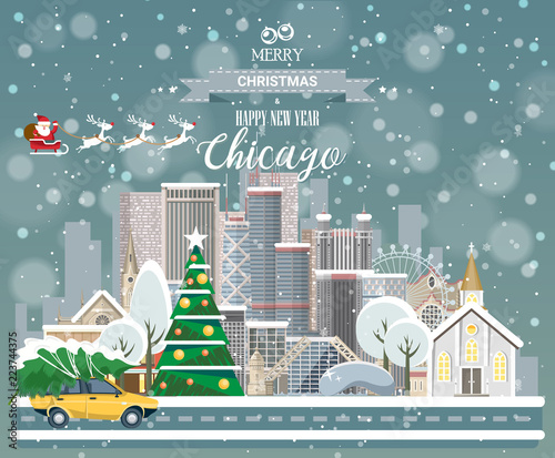 Merry Christmas and Happy New Year in Chicago. Greeting festive card from the USA. Winter snowing city with cute cozy houses and snowflakes.