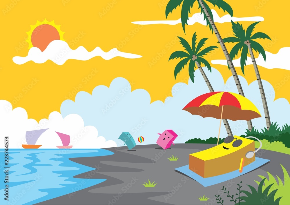 Cartoon illustration, a box people in the beach enjoying sunset, vector eps 10