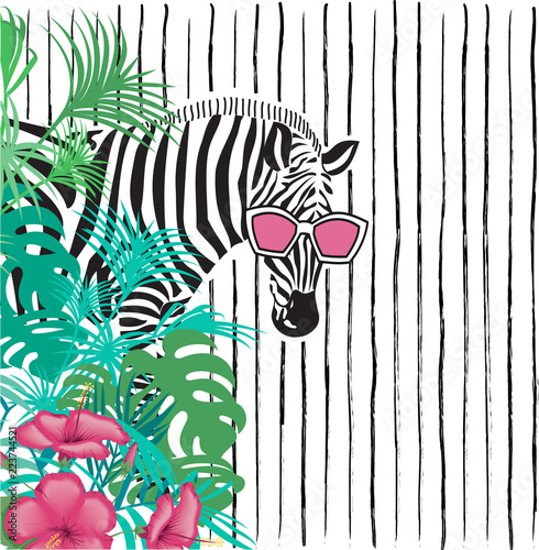 funny zebra in sunglasses in tropical leaves on a striped background, blank space for your inscription, vector illustration