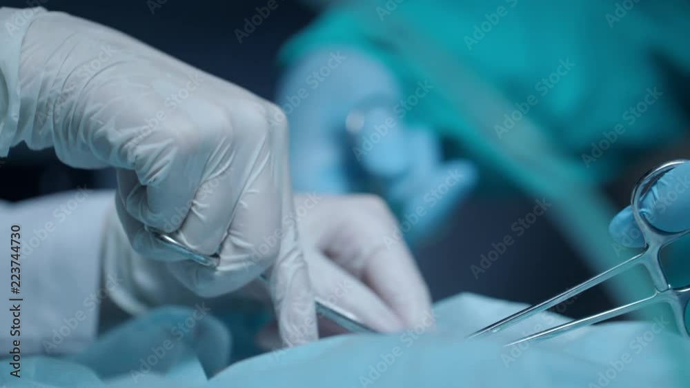 Surgery hands performing operation. Close up of medical hand holding