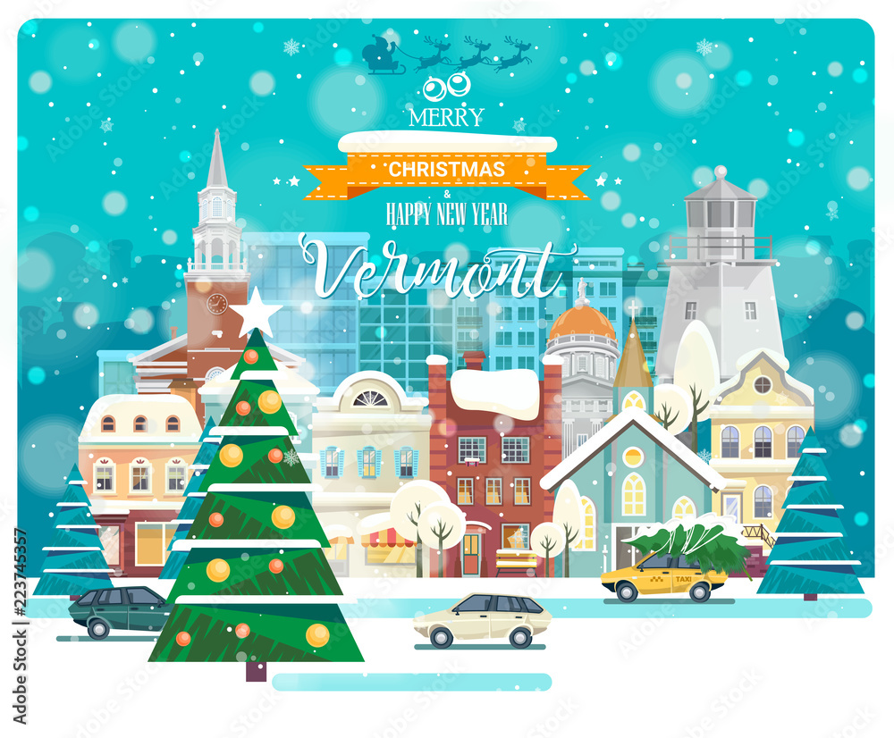 Merry Christmas and Happy New Year in Vermont. Greeting festive card from the USA. Winter snowing city with cute cozy houses and snowflakes.