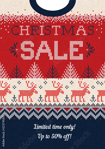 Ugly sweater Season Christmas Sale Poster. Knitted background pattern scandinavian ornaments.