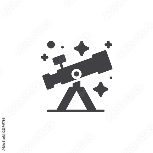 Telescope and stars vector icon. filled flat sign for mobile concept and web design. Space telescope simple solid icon. Explore symbol, logo illustration. Pixel perfect vector graphics