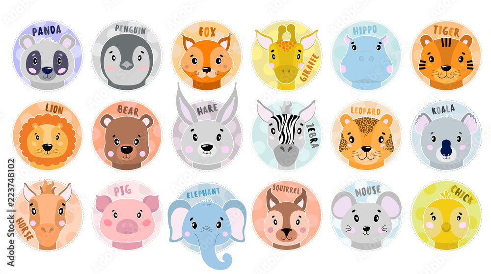 Fototapeta premium Cartoon set Vector Animals face. Panda,fox,zebra,elephant,lion,pig,bear, chick, koala, tiger,hare,leopard,horse,mouse,squirrel, giraffe, hippopotamus.