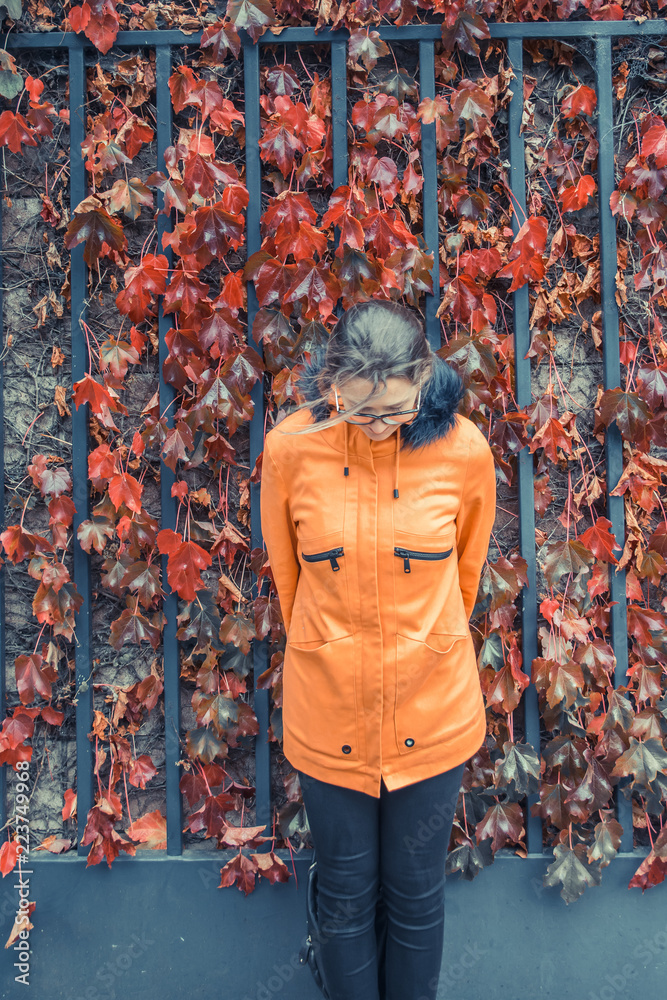 Obraz premium Woman Posing in front of a gate with colorful autumn leaves