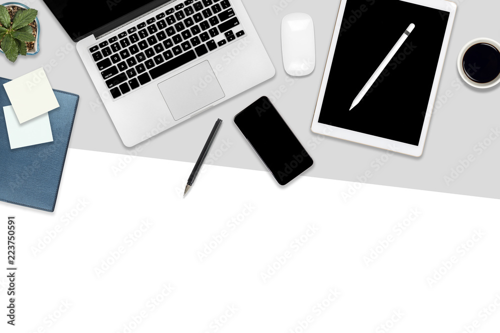 Flat lay photo of office table with laptop computer, digital tablet, mobile  phone and accessories. on modern two tone (white and grey) background.  Desktop office mockup concept. Stock Photo | Adobe Stock
