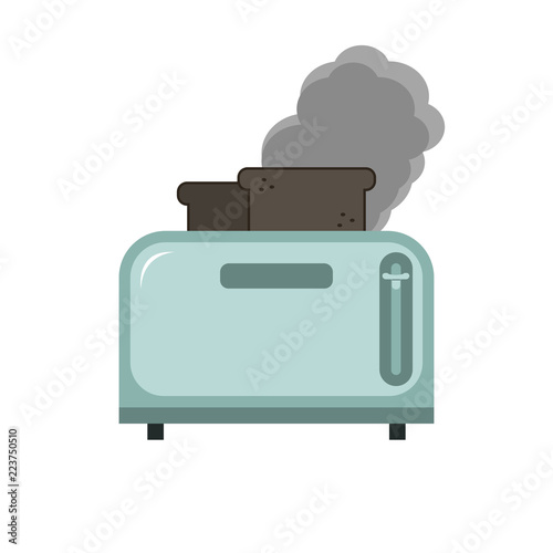 Metallic blue Toaster with two burnt pieces of bread in a flat style.