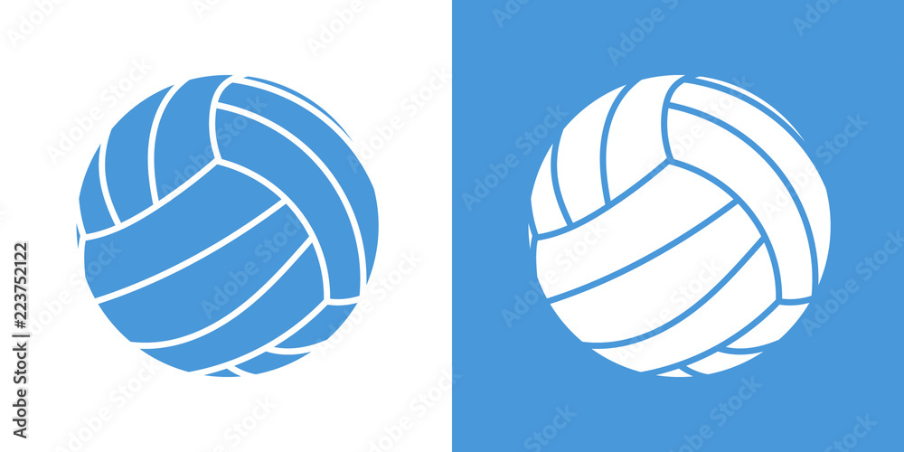 A set of two variants of simple volleyball ball icons. On white and on a blue background. 10 eps