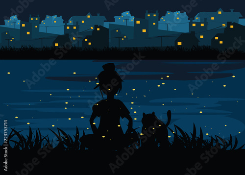 women and cat at riverside at nights backgrounds vector illustration