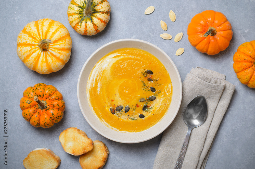 Pumpkin Soup with Cream, Dill and Pumpkin Seeds, Top View