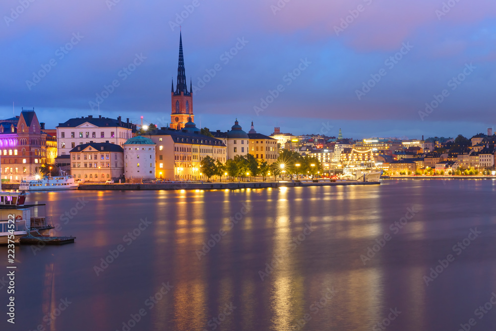 Scenic night view of Riddarholmen, Gamla Stan, in the Old Town in Stockholm, capital of Sweden