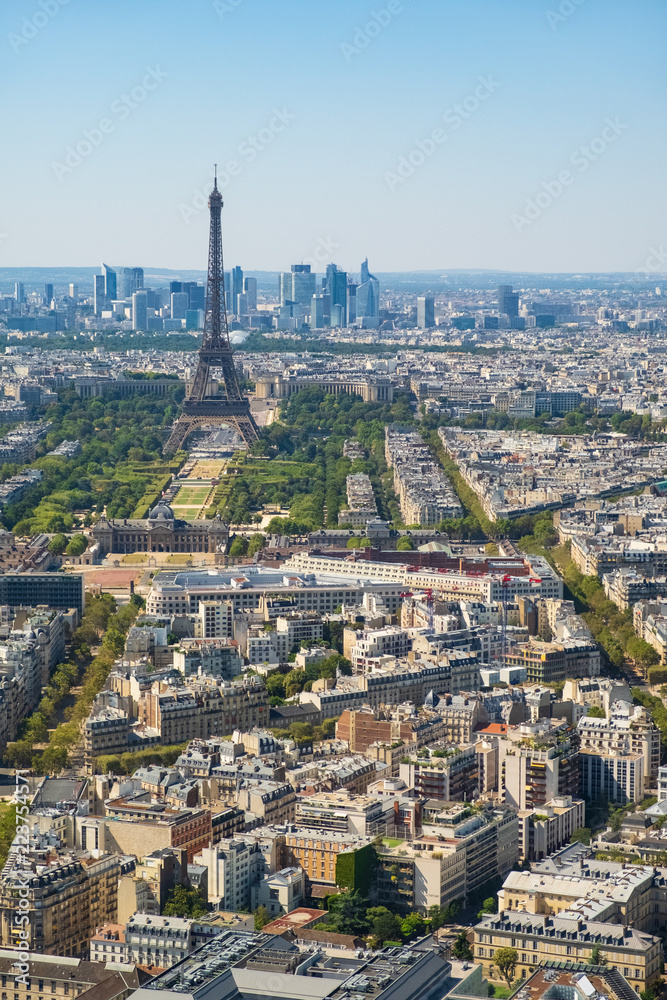 Paris skyline with Eiffel Tower, Les Invalides and business district of Defense, as seen from Montparnasse Tower, Paris, France