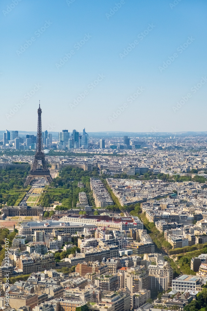 Paris skyline with Eiffel Tower, Les Invalides and business district of Defense, as seen from Montparnasse Tower, Paris, France