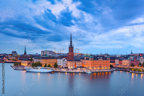 Scenic aerial night view of Riddarholmen, Gamla Stan, in the Old Town in Stockholm, capital of Sweden