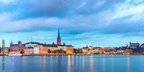 Scenic night panoramic view of Riddarholmen, Gamla Stan, in the Old Town in Stockholm, capital of Sweden