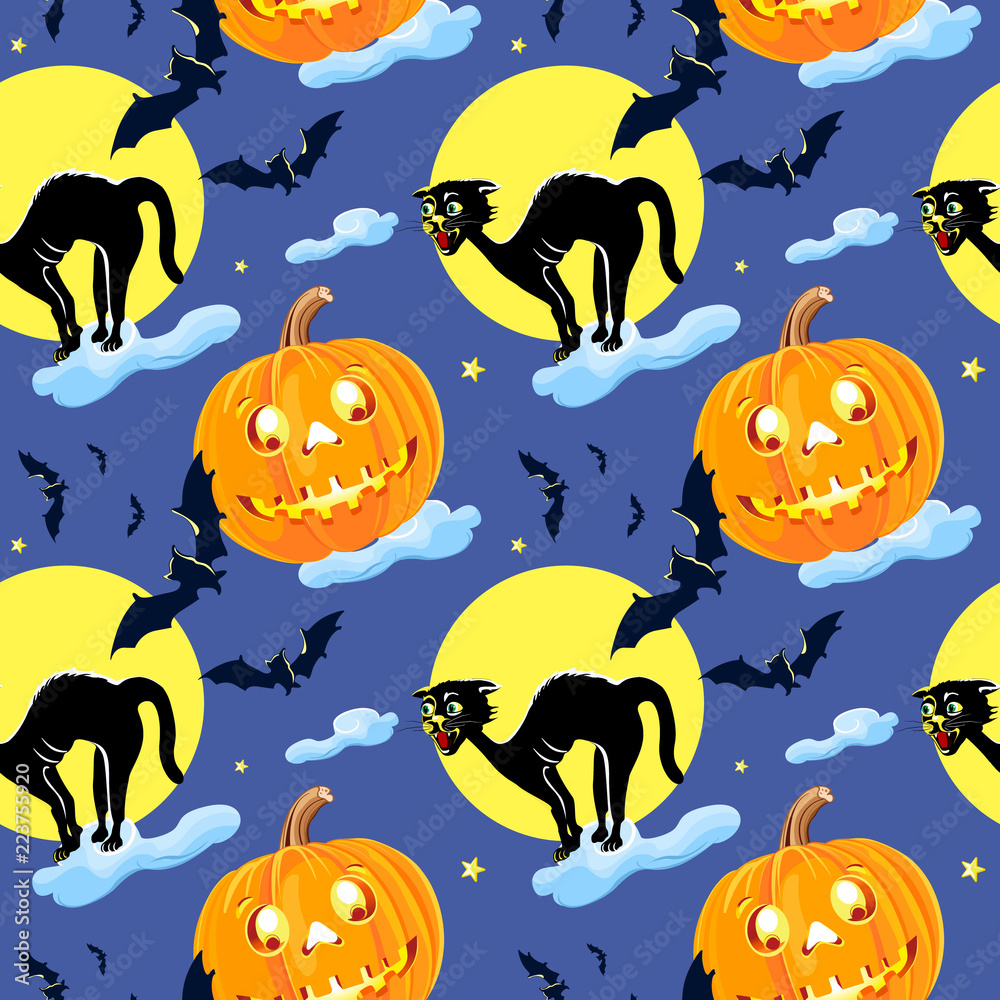 Cat and pumpkin vector seamless Pattern Halloween isolated wallpaper background cartoon.