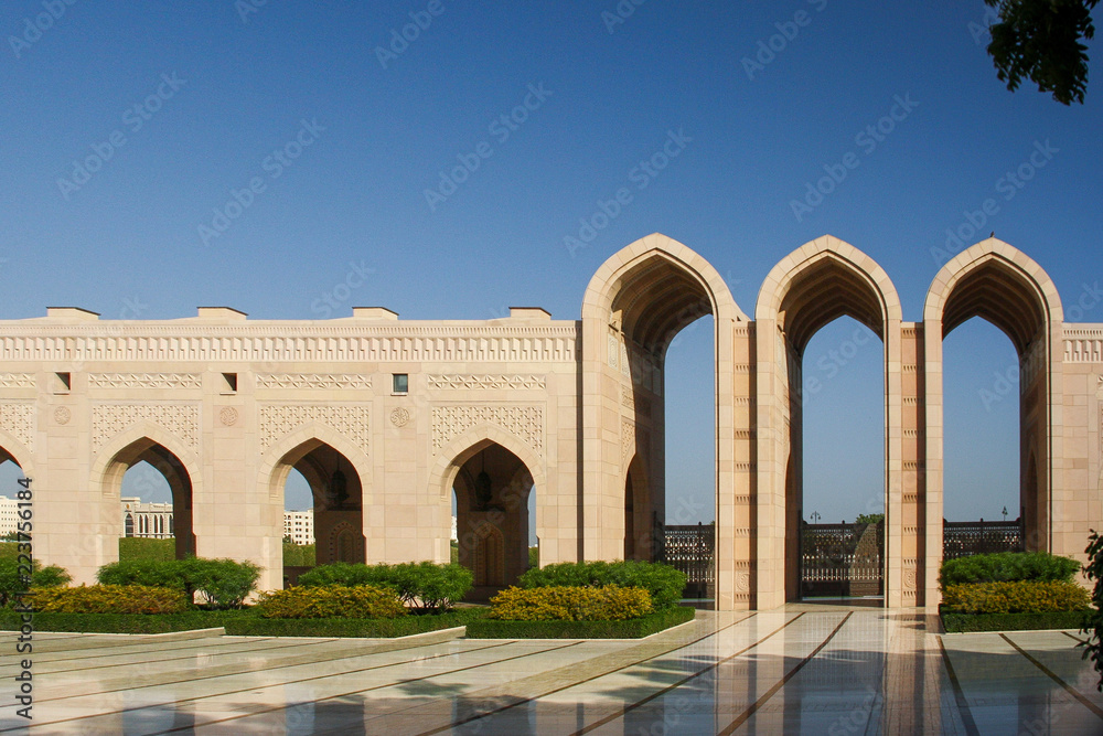 Arches at the Sultan Qaboos Grand Mosque in Muscat, Oman