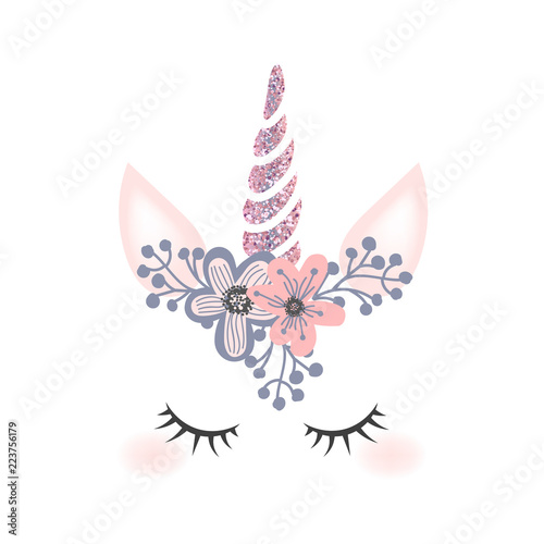 Cute unicorn head with flower crown and rosegold glitter horn  isolated on white background. Vector hand drawn illustration for card and shirt design.