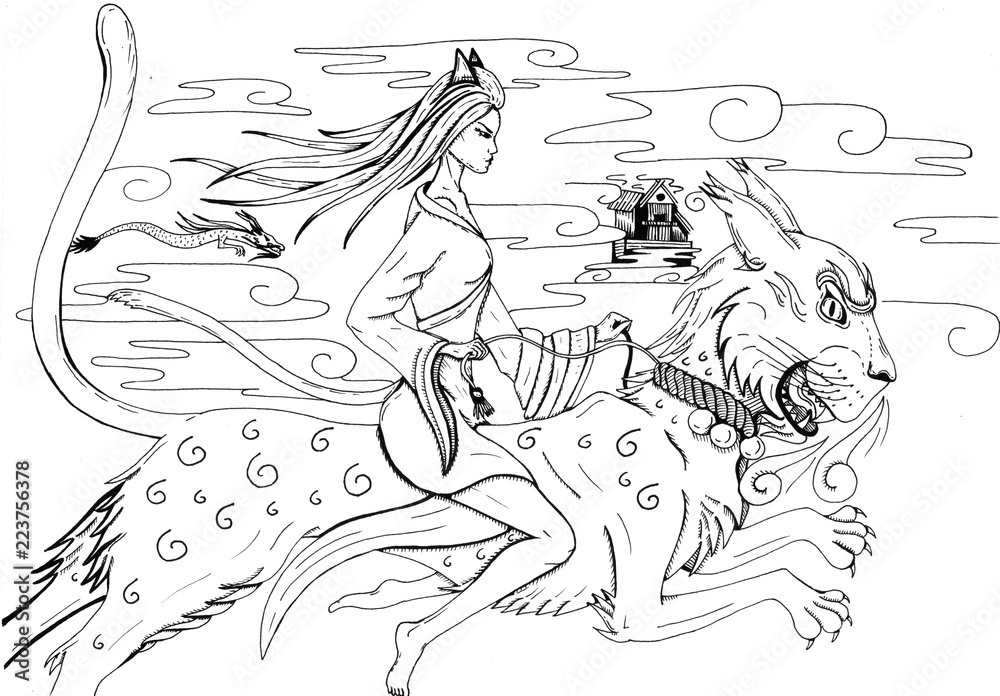 Lion Dog Woman Illustration Black and White Hand Drawn