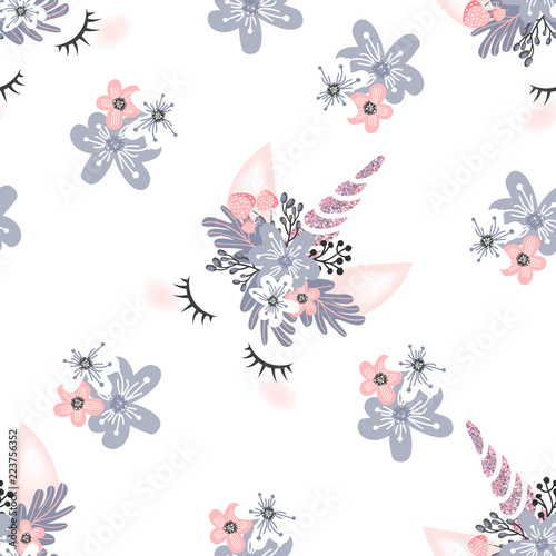 Cute unicorn head with flower crown and rosegold glitter horn  isolated on white background. Vector hand drawn illustration for card and shirt design.