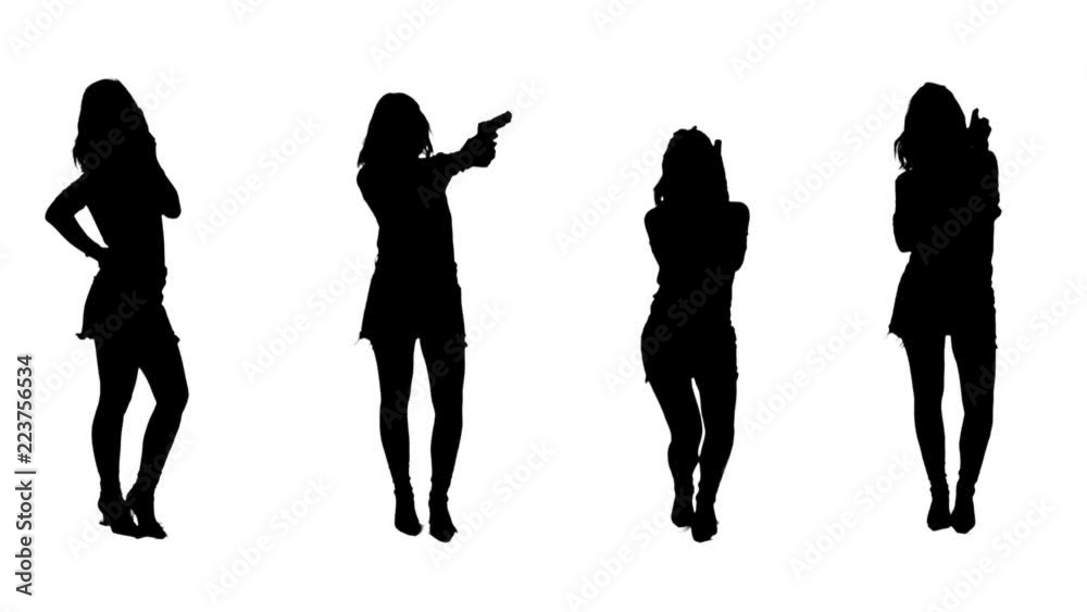 Set of sexy woman silhouettes in various situations holding, posing, aiming and shooting handgun. Full body isolated on white background. 