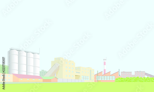 Landscape industrial with elevator. Vector. Industrial area of the city. Complex of production enterprises. All objects in separate layers.