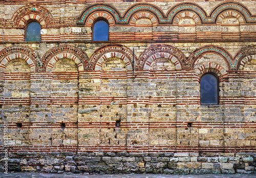 Detail of a Curch in  Nessebar, Black Sea coast. The Wall of the ancient Church of Christ Pantocrator in Nessebar in Nessebar, UNESCO World Heritage Site, near Sunny Beach resort, Bulgaria