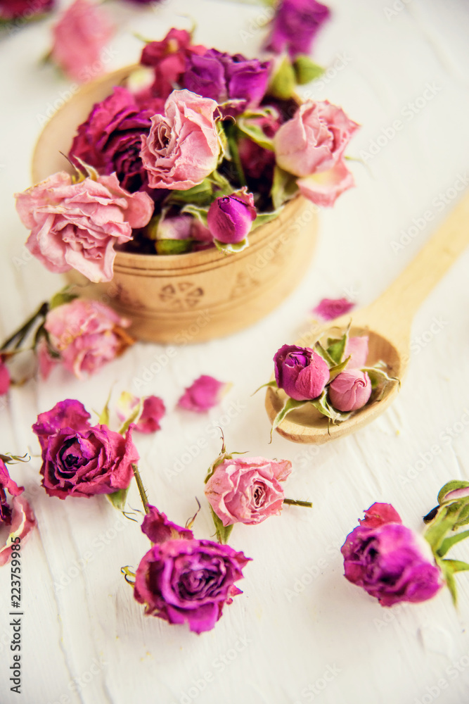 Dried rose petals: for tea, alternative medicine, pot-pourri. Copy space. Dried rose petals: for tea, alternative medicine, pot-pourri. Copy space.