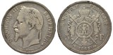 France French silver coin 5 five francs 1868, laureate head of Emperor Napoleon III left, coat of arms with eagle divides value, date below,