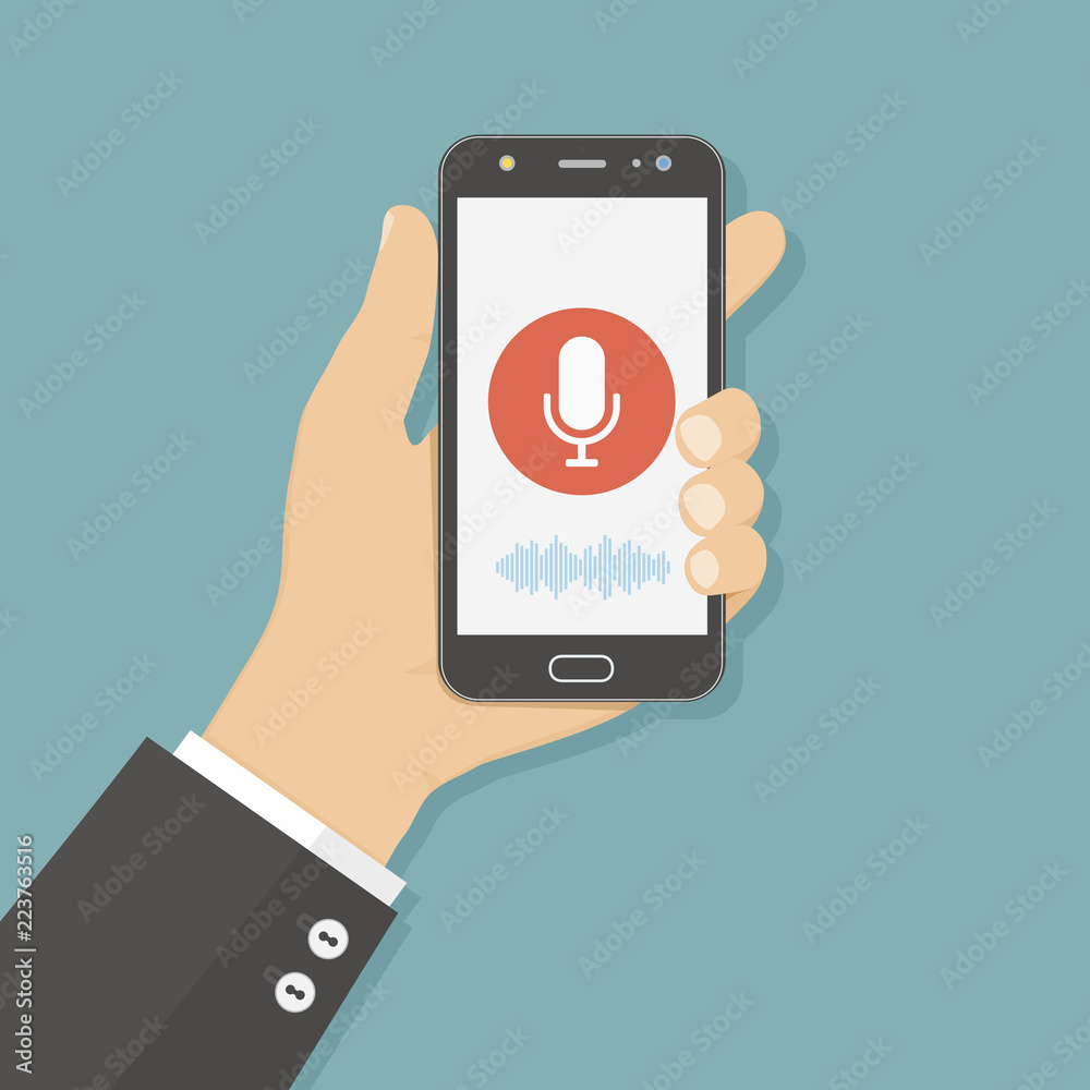 Concept flat vector illustration of human hand holds smartphone with microphone button on screen