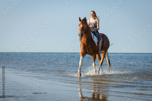 Reiterin mit Schecke im Meer