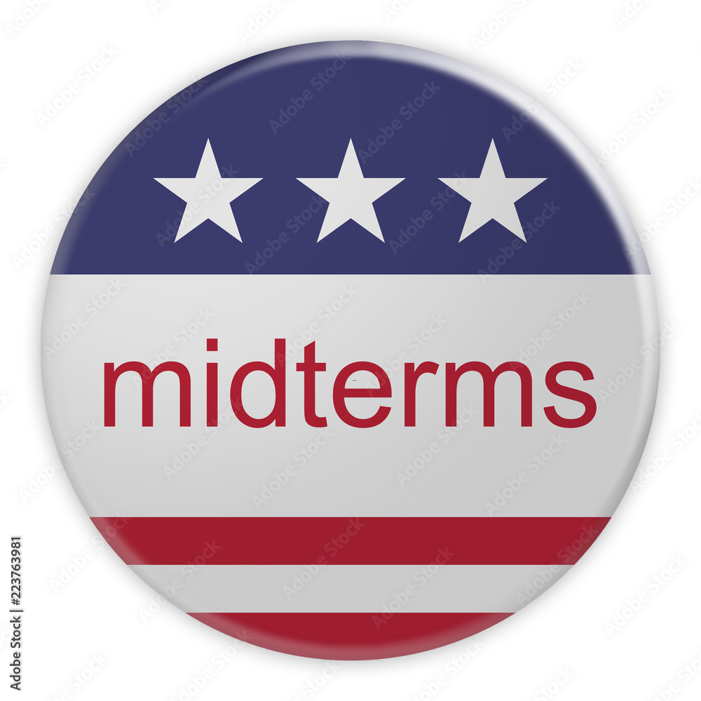 USA Politics News Badge: Midterms Button With US Flag, 3d illustration, Isolated Against White Background
