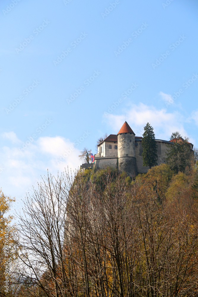 Autumn trees at Lake Bled, Slovenia. Bled Castle in the background. Lake Bled is popular travel destination in Slovenia. Autumn trees at Lake Bled, Slovenia. Bled Castle in the background. Lake Bled is popular travel destination in Slovenia.