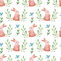 Crédence de cuisine Lapin patrons Seamless pattern watercolor flowers and cute rabbit  © olesiaagudova
