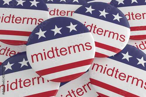 USA Politics News Badges: Pile of Midterms Buttons With US Flag, 3d illustration