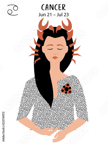 Crab to Cancer of zodiac and horoscope concept, vector art, illustration. Beautiful girl silhouette. Astrological sign as a beautiful women. Future telling, horoscope, alchemy, spirituality, occultism