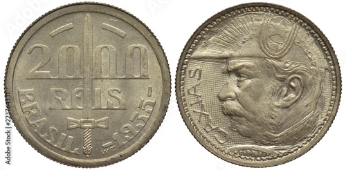 Brazil Brazilian silver coin 2000 two thousand reis 1936, subject Brazilian politician and war minister Duke of Caxias, sword divides value, date below, head in embellished hat left, 